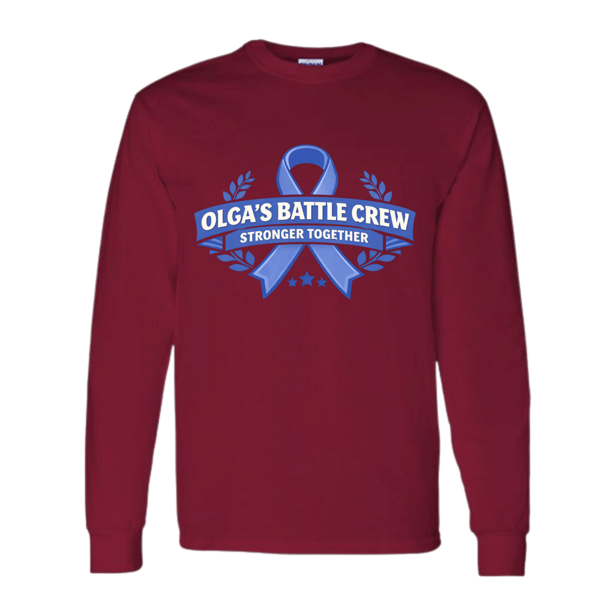 Olga's Battle Crew long sleeve shirt with blue ribbon, laurel, and 'Stronger Together' text on maroon tee.