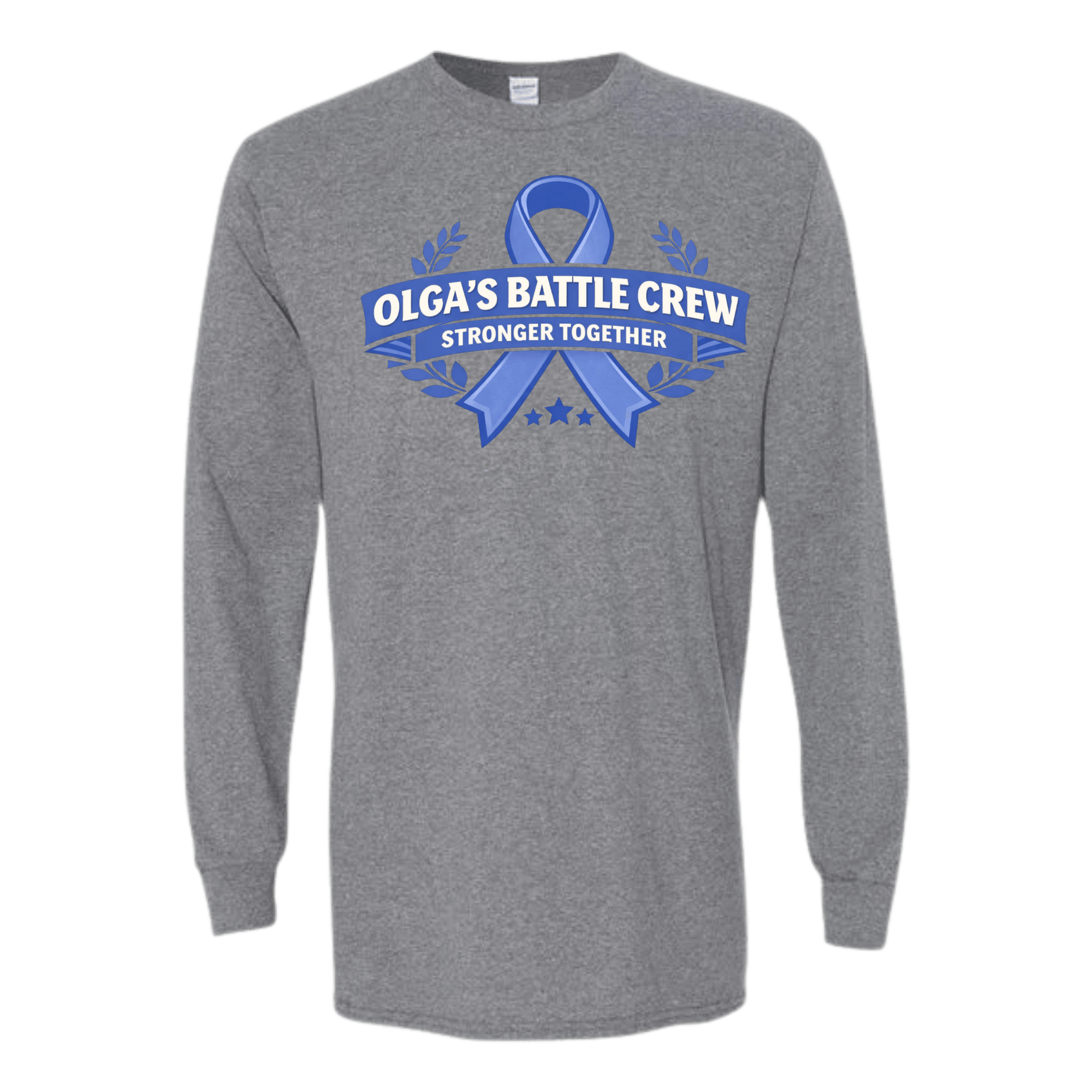 Olga's Battle Crew Stronger Together long sleeve shirt with blue ribbon emblem on heather gray