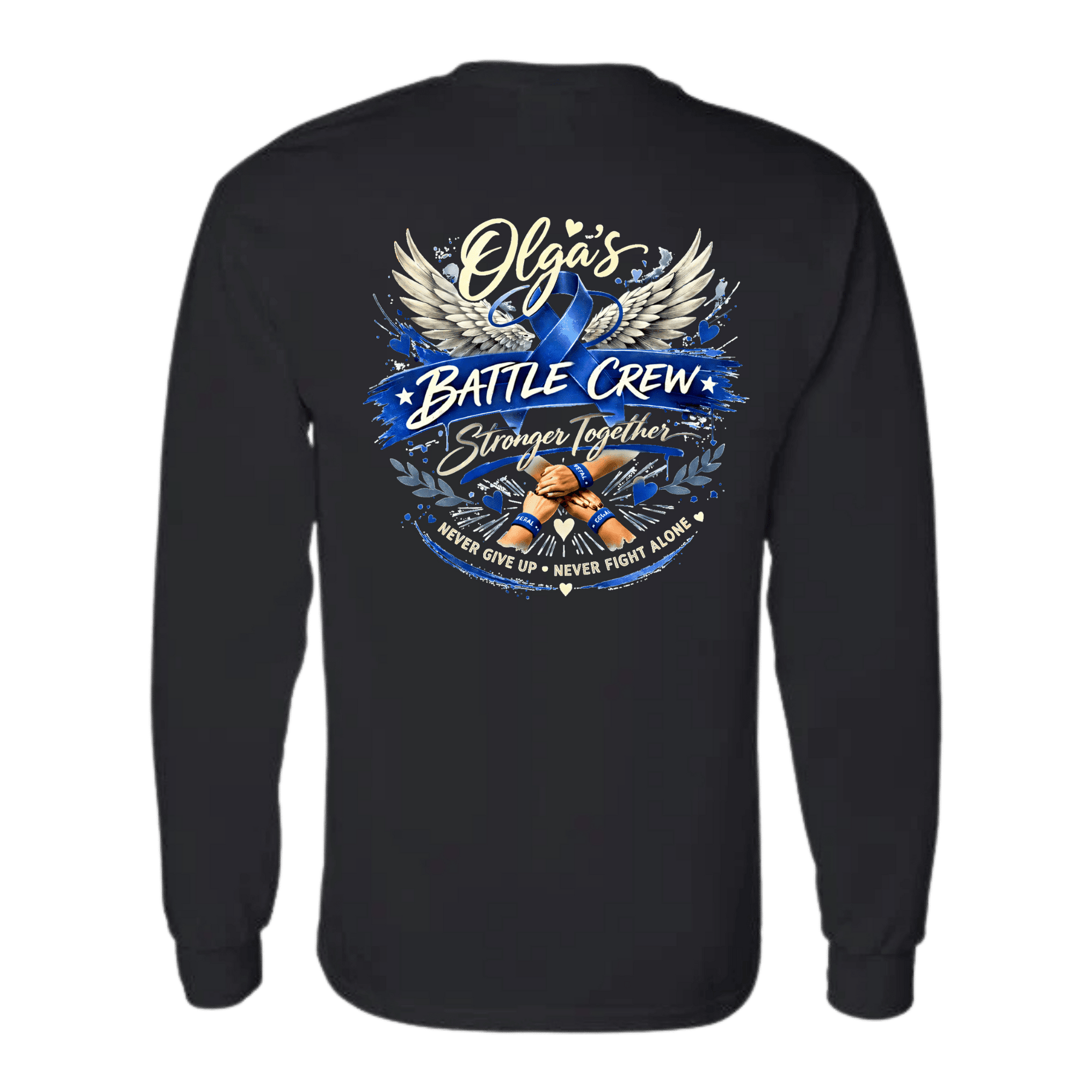 Black long-sleeve shirt with Olga's Battle Crew Stronger Together design, wings, blue ribbon, and clasped hands.