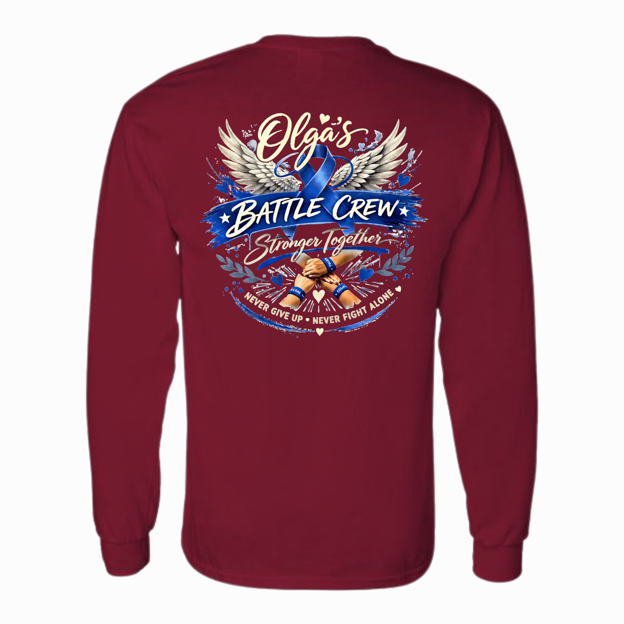 Olga's Battle Crew long-sleeve shirt back graphic with wings, Battle Crew and Stronger Together text, clasped hands.
