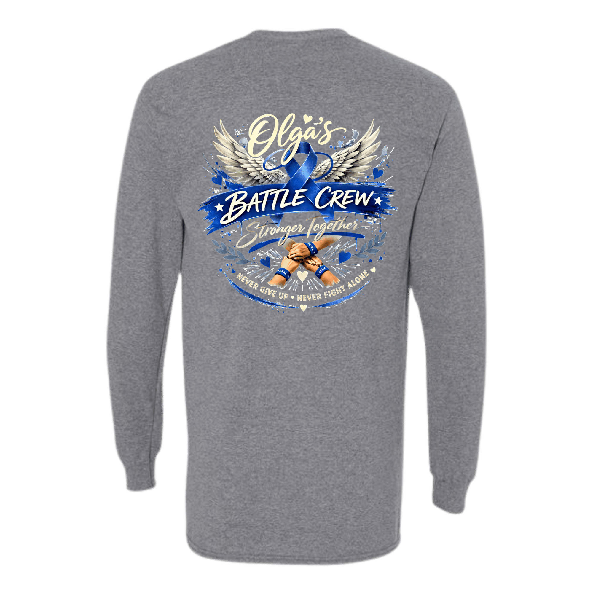 Olga's Battle Crew gray long-sleeve shirt featuring wings, a blue ribbon, and 'Stronger Together' design.