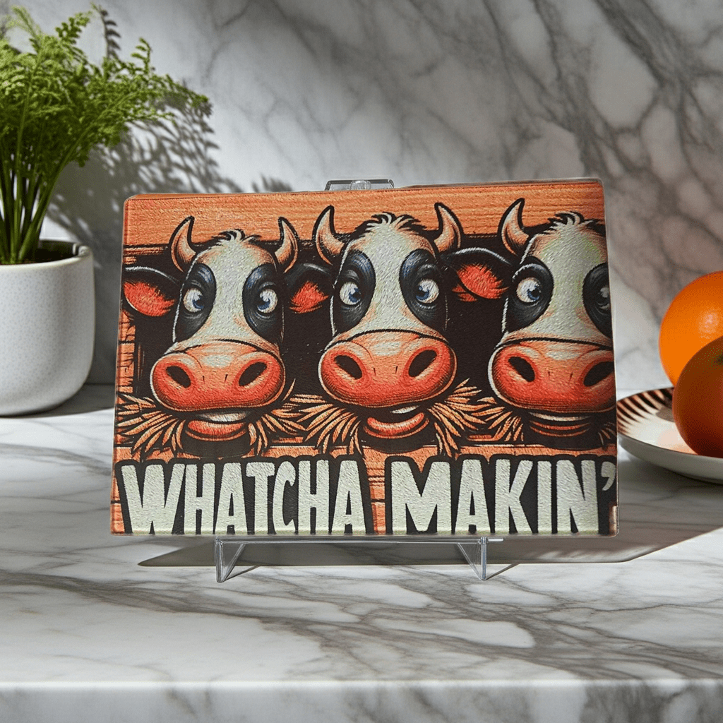 Wooden cutting board with cartoon cows and text 'WHATCHA MAKIN?' on a marble surface.