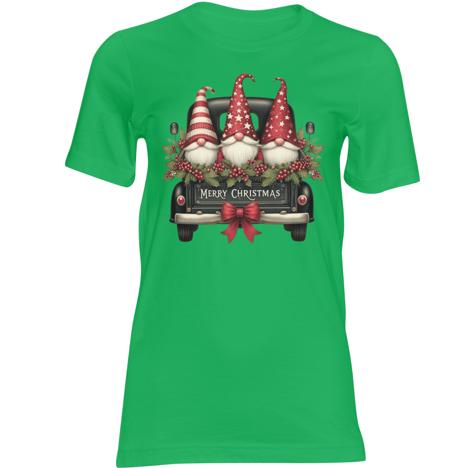 Green Christmas T-shirt for men and women featuring three gnomes in a vintage truck with a Merry Christmas banner