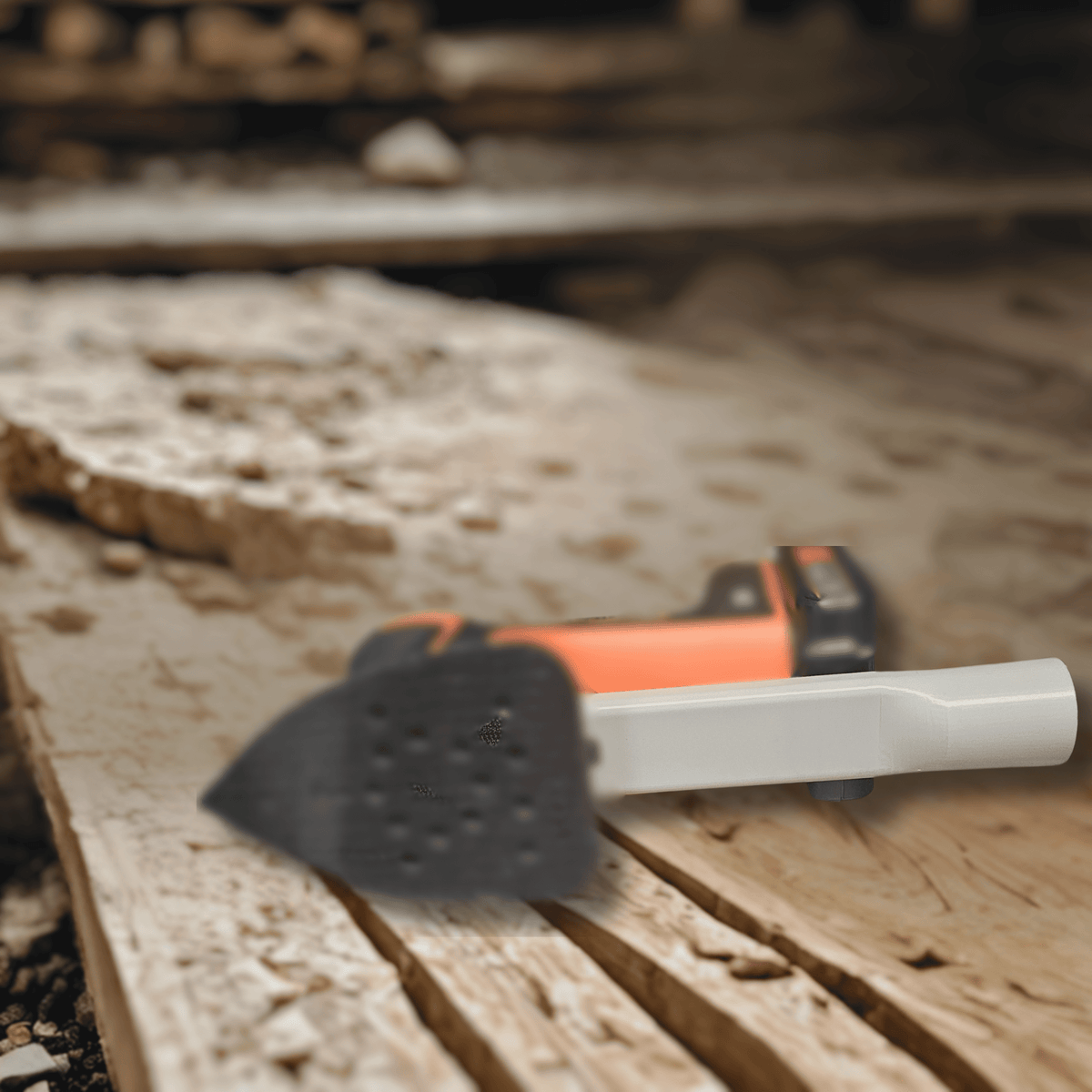 Gardening tool with black and orange handle on wooden surface