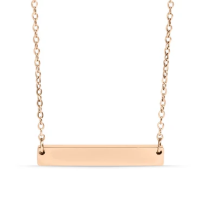 A rose gold bar necklace with a horizontal bar pendant on a delicate chain, shown against a plain white background.