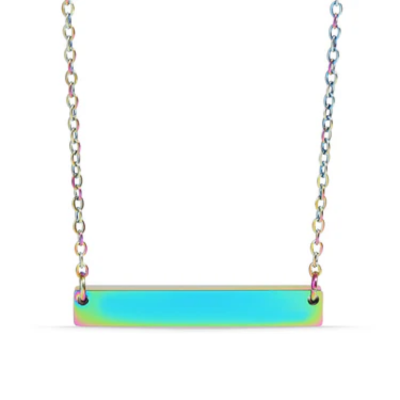 An iridescent rainbow bar necklace with a horizontal rectangular pendant on a matching chain, shown against a plain white background.