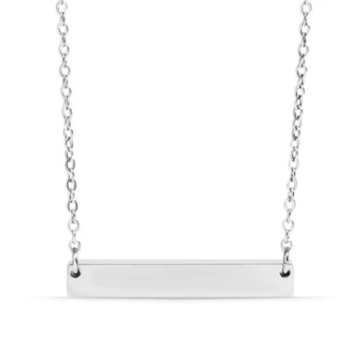 A silver bar necklace with a polished horizontal bar pendant suspended from a delicate link chain, shown against a plain white background.