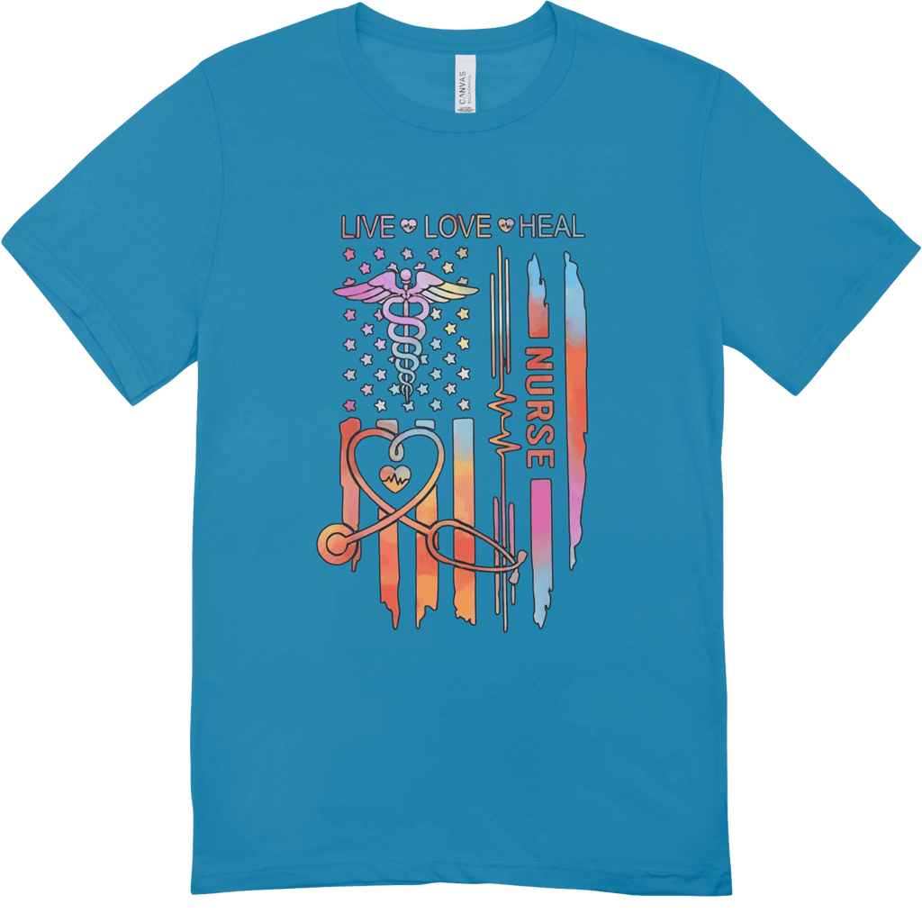 Blue t-shirt with Live Love Heal nurse design featuring caduceus, heartbeat line, heart, and colorful vertical bars.