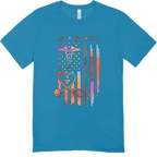 Blue t-shirt with Live Love Heal nurse design featuring caduceus, heartbeat line, heart, and colorful vertical bars.