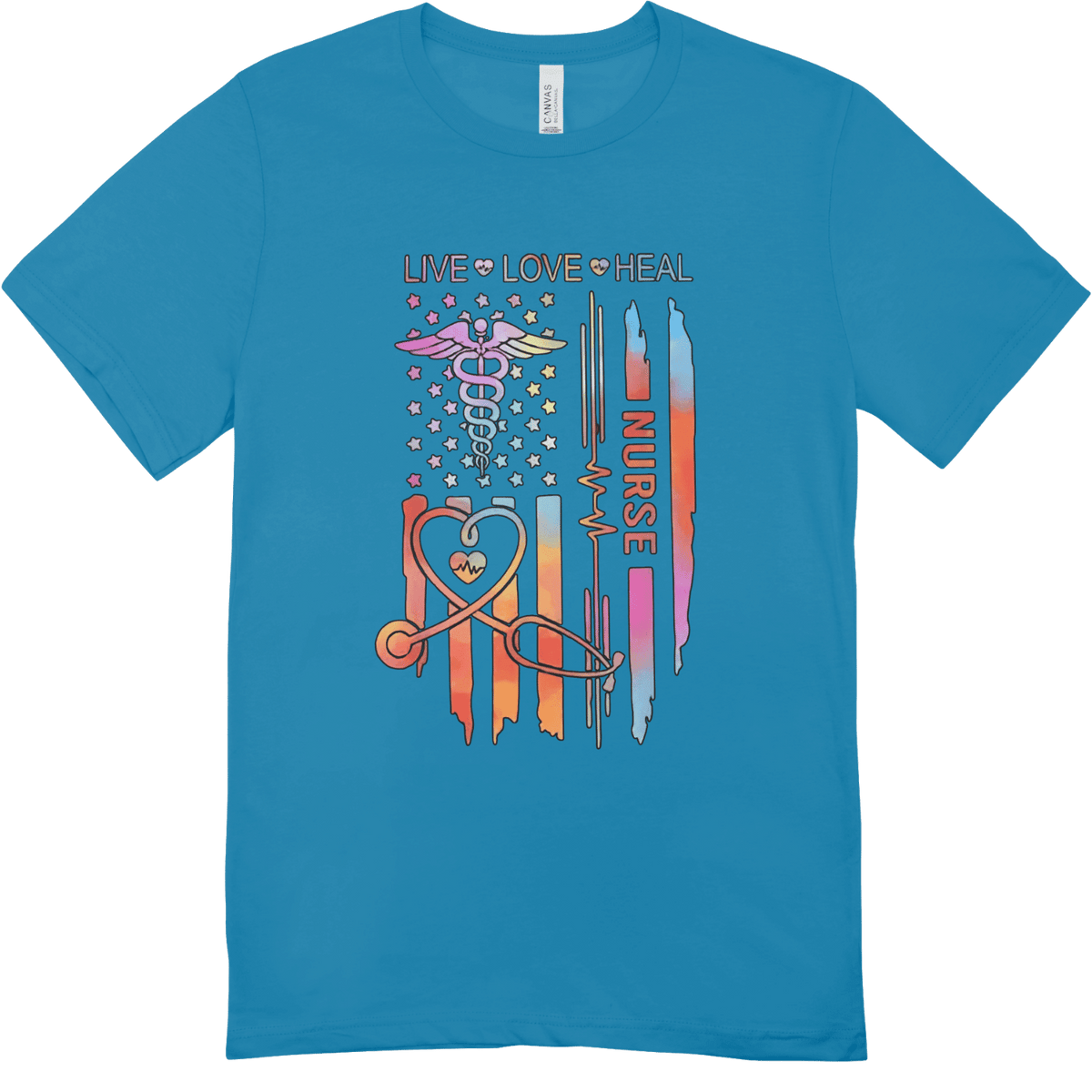 Blue t-shirt with Live Love Heal nurse design featuring caduceus, heartbeat line, heart, and colorful vertical bars.