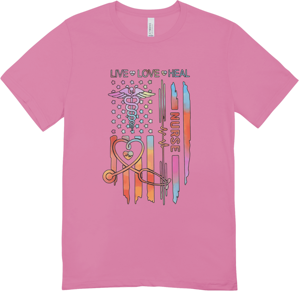 Pink T-shirt with nurse-themed graphic: LIVE LOVE HEAL, caduceus, heartbeat line, and NURSE vertical text.