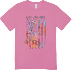 Pink T-shirt with nurse-themed graphic: LIVE LOVE HEAL, caduceus, heartbeat line, and NURSE vertical text.
