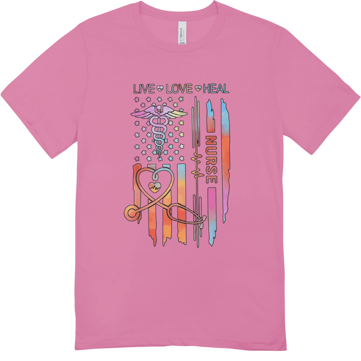 Pink T-shirt with nurse-themed graphic: LIVE LOVE HEAL, caduceus, heartbeat line, and NURSE vertical text.