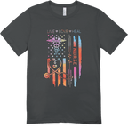Nurse-themed T-shirt with rainbow caduceus, heartbeat lines, stars, and Live Love Heal with Nurse.