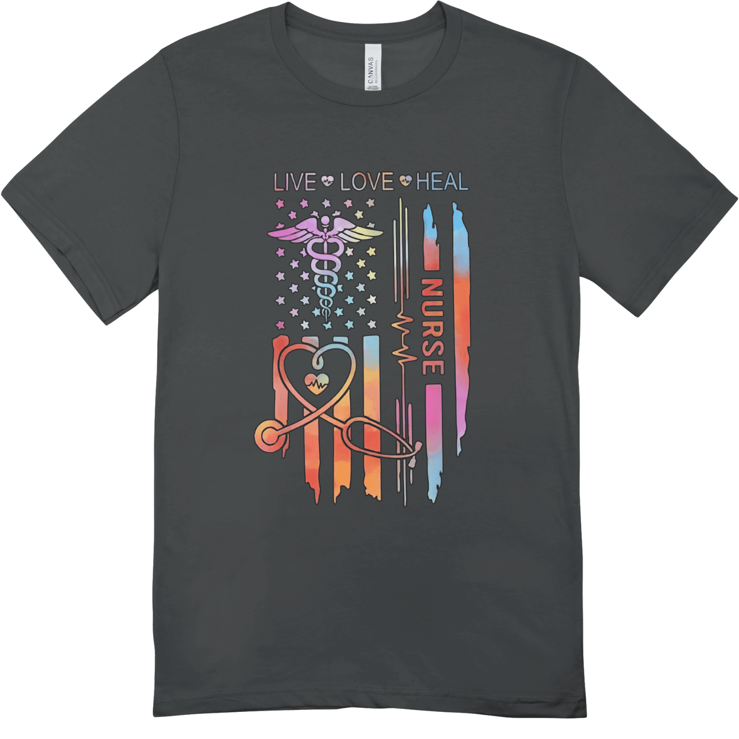 Nurse-themed T-shirt with rainbow caduceus, heartbeat lines, stars, and Live Love Heal with Nurse.