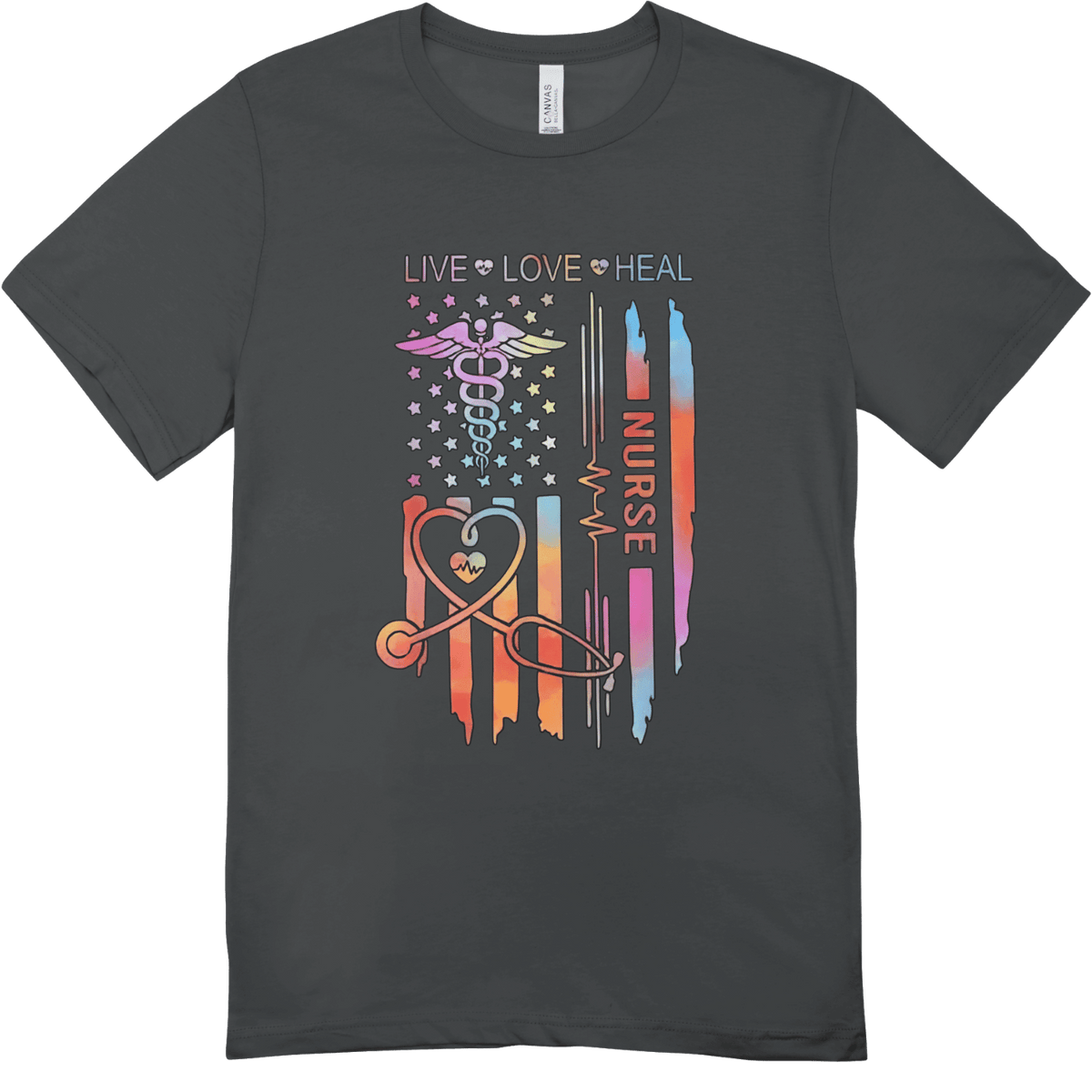 Nurse-themed T-shirt with rainbow caduceus, heartbeat lines, stars, and Live Love Heal with Nurse.
