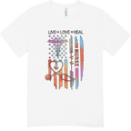 White T-shirt featuring a colorful nurse-themed design with the words Live Love Heal Nurse and a caduceus.