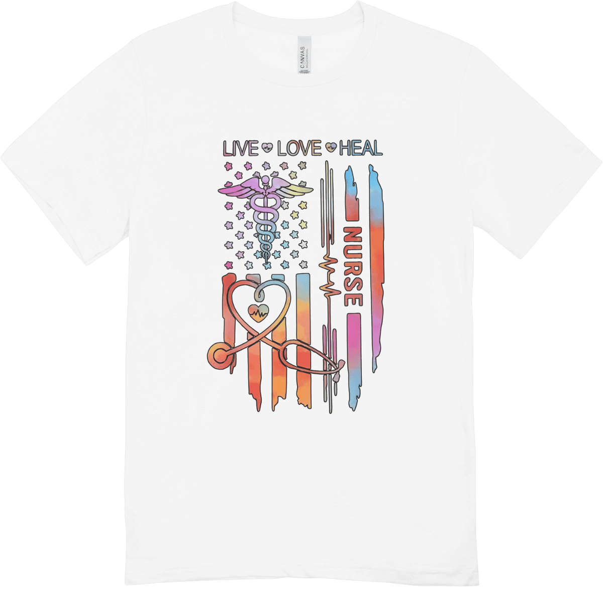 White T-shirt featuring a colorful nurse-themed design with the words Live Love Heal Nurse and a caduceus.