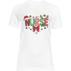 White t-shirt with 'NURSE' text and Christmas-themed graphics on a transparent background
