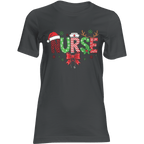 Black t-shirt with 'NURSE' design featuring a Santa hat, stethoscope, and bow tie on a transparent background