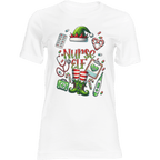 White t-shirt with 'Nurse Elf' design featuring green elf hat, striped socks, stethoscope, and medical symbols on a white background.