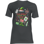 Black t-shirt with 'Nurse Elf' design featuring a nurse in elf costume with medical symbols on a transparent background.