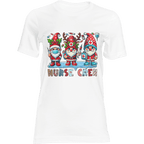 Three festive nurse gnomes on a Christmas-themed T-shirt, a perfect holiday gift for nurses.