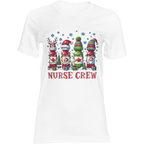 White t-shirt with Christmas-themed design and 'Nurse Crew' text on a green background