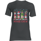 Black t-shirt with Christmas-themed design of bottles labeled 'Nurse Crew' on a green background