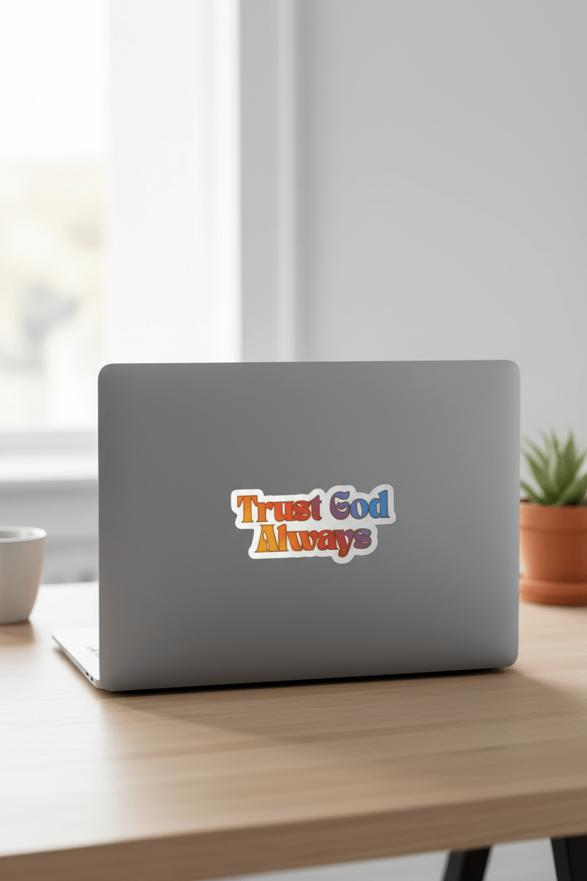 Laptop with 'Trust God Always' sticker on a wooden desk with a blurred background