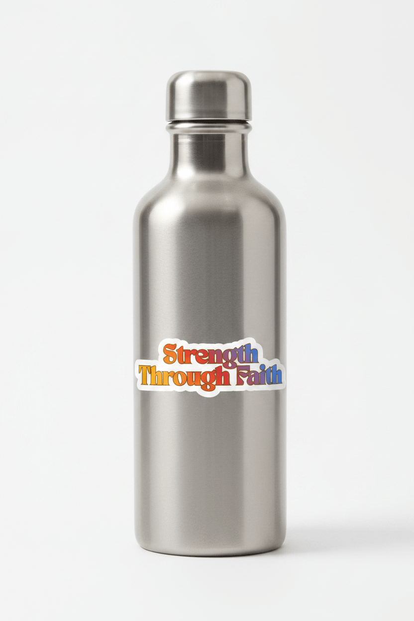 Silver water bottle with 'Strength Through Faith' text on a white background