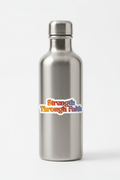 Silver water bottle with 'Strength Through Faith' text on a white background