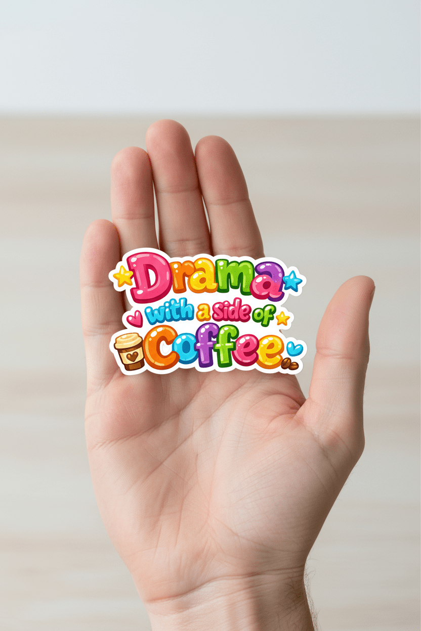 Colorful text 'Drama with a Side of Coffee' with coffee cup and beans on a green background