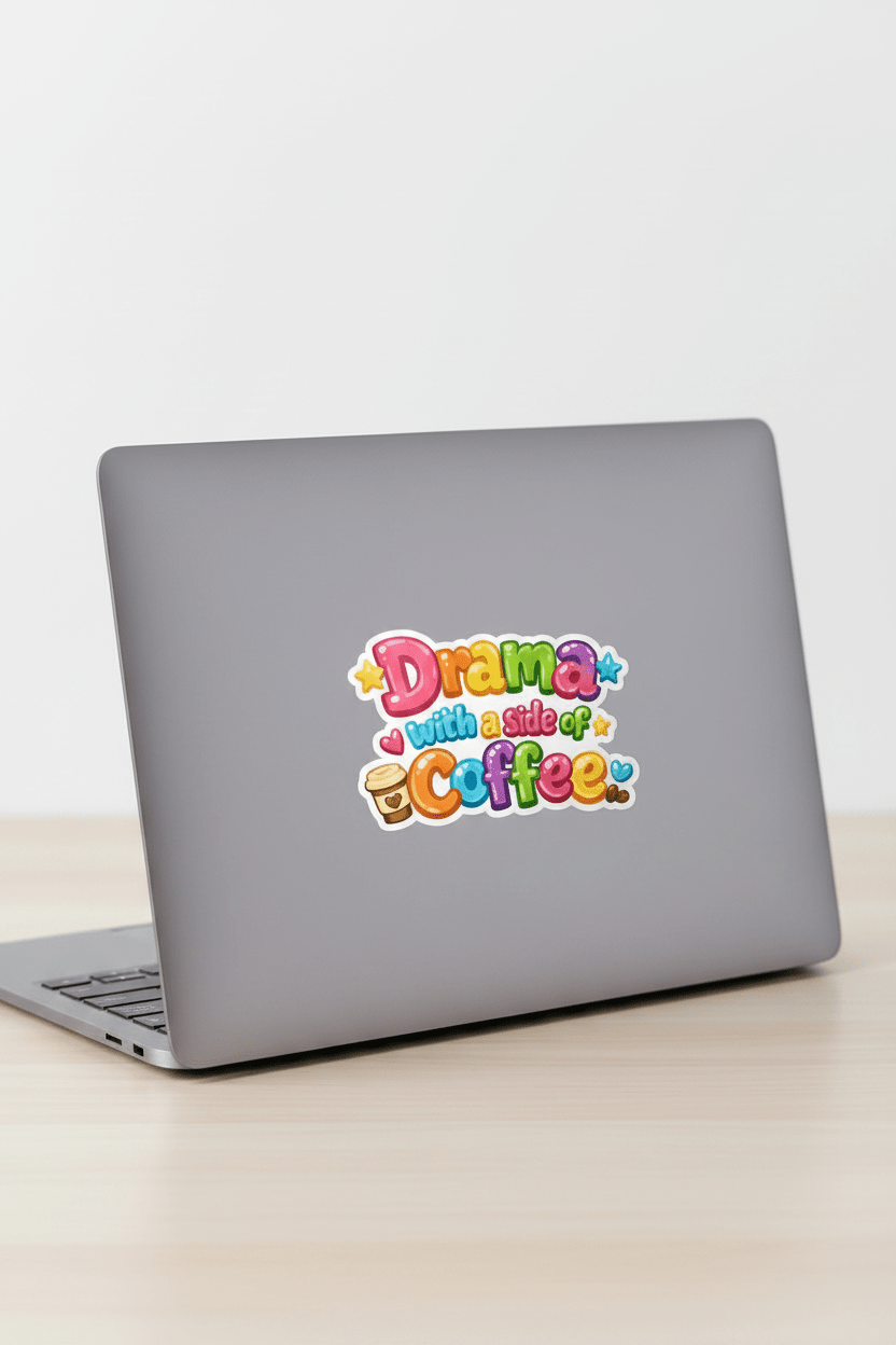 Laptop with a colorful sticker on a light surface