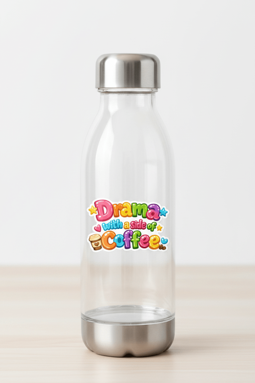 Clear water bottle with colorful text on a white background