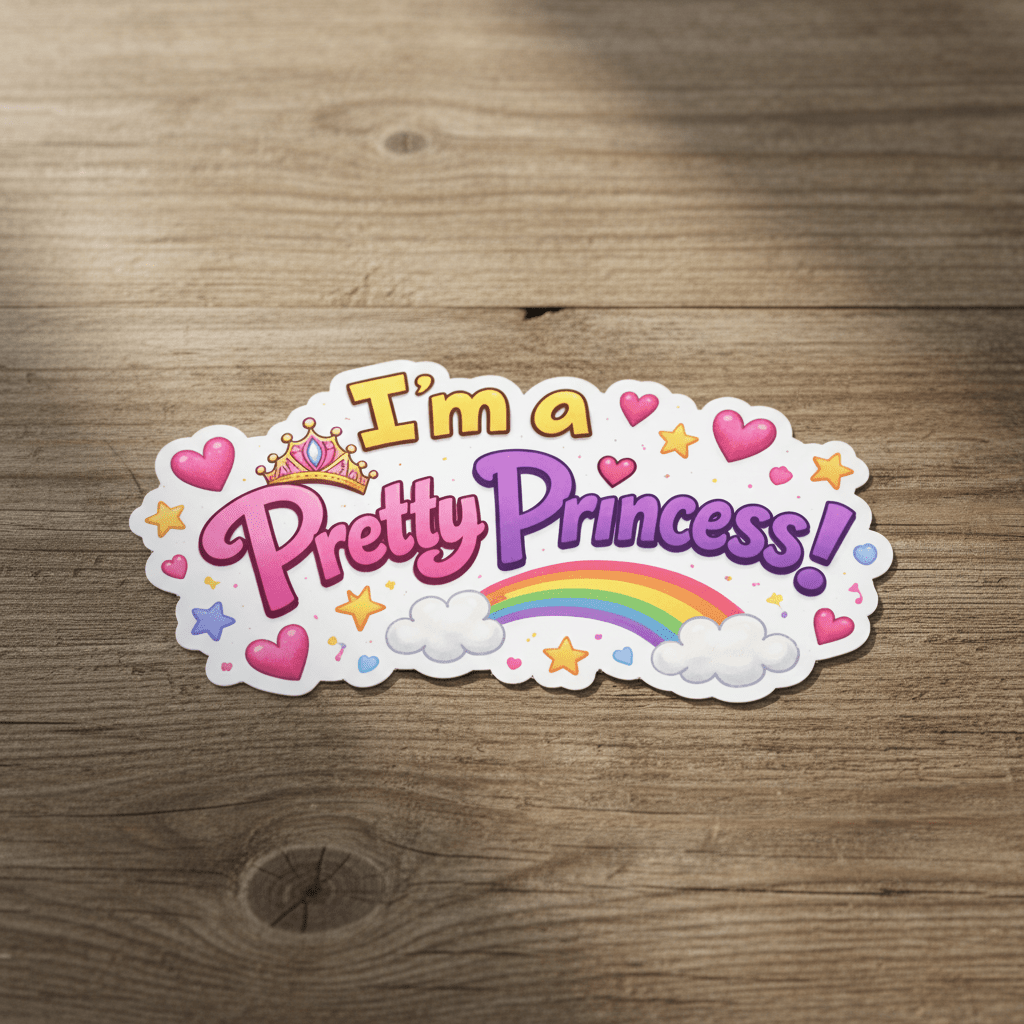 Sticker with 'I'm a Pretty Princess!' text on a wooden surface