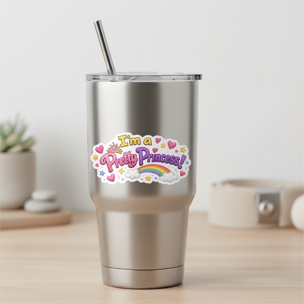 Stainless steel tumbler with a 'Pretty Princess' sticker on a wooden surface.