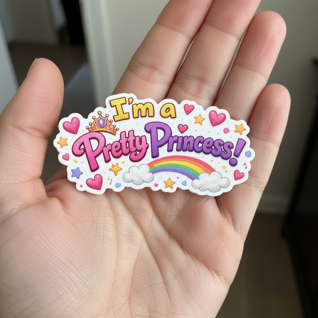 Hand holding a colorful sticker with 'I'm a Pretty Princess!' text.