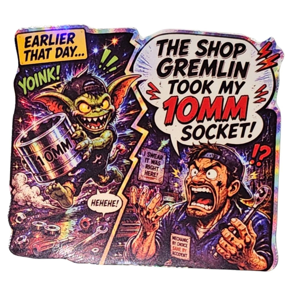 Comic-style illustration with a gremlin and a character holding a socket, featuring text and dynamic poses.
