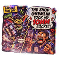 Comic-style illustration with a gremlin and a character holding a socket, featuring text and dynamic poses.