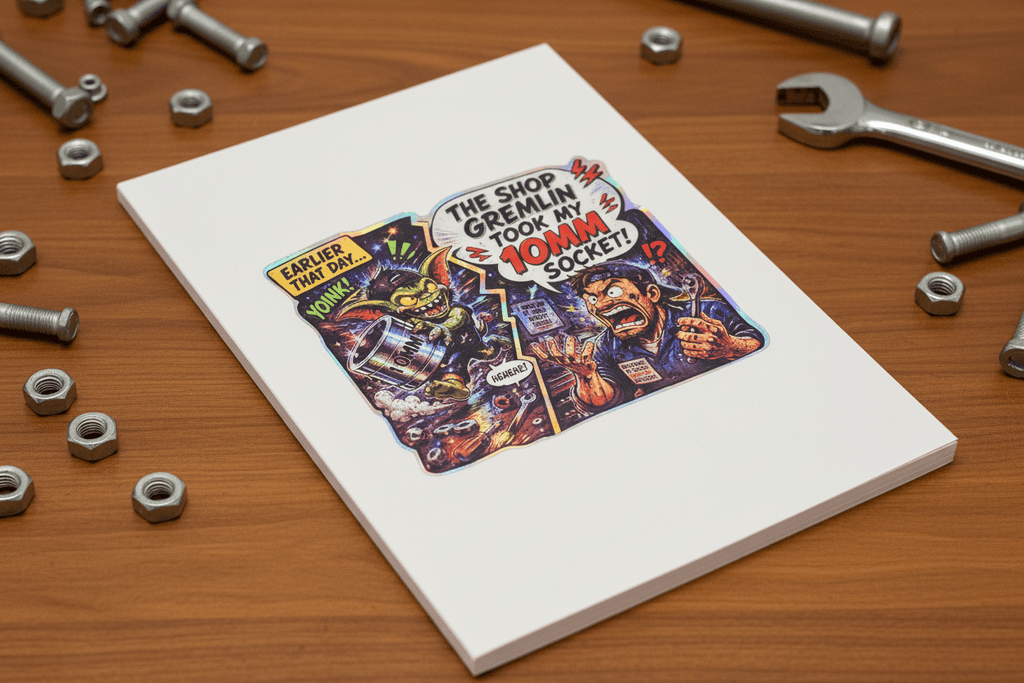 Colorful graphic design on a white card with tools and nuts on a wooden surface