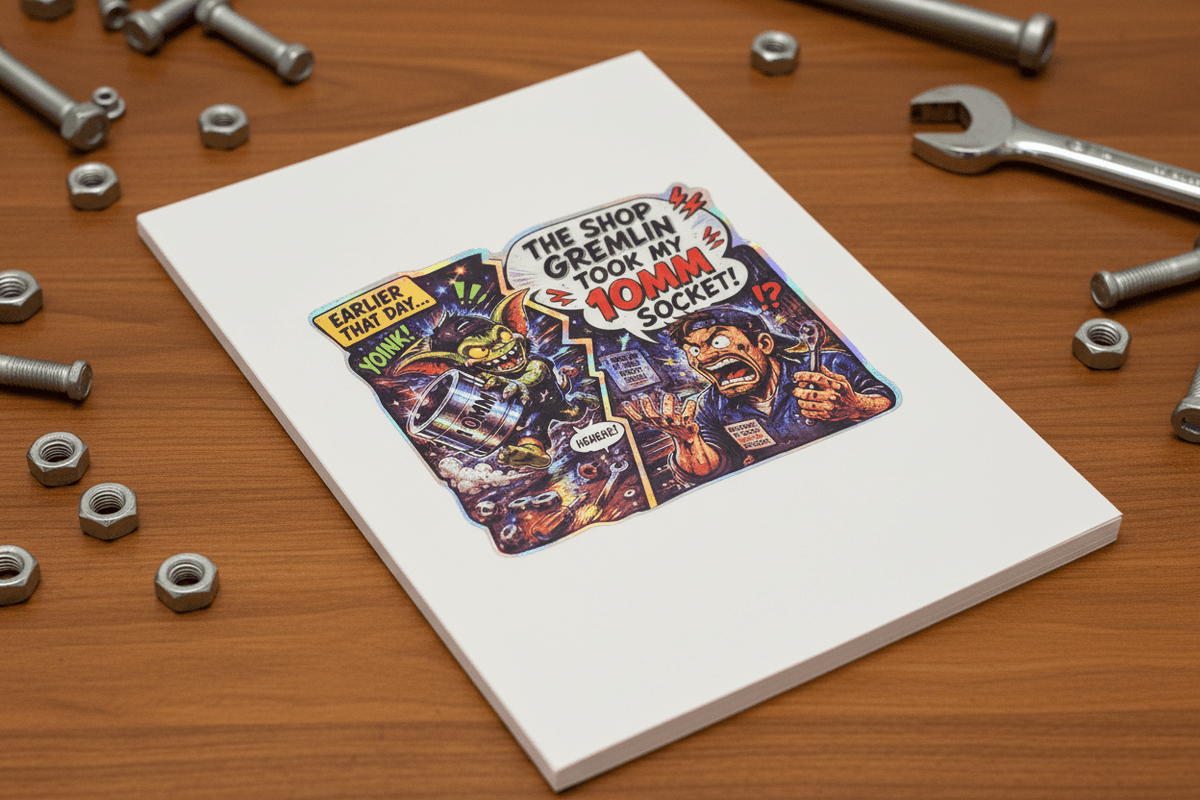 Colorful graphic design on a white card with tools and nuts on a wooden surface