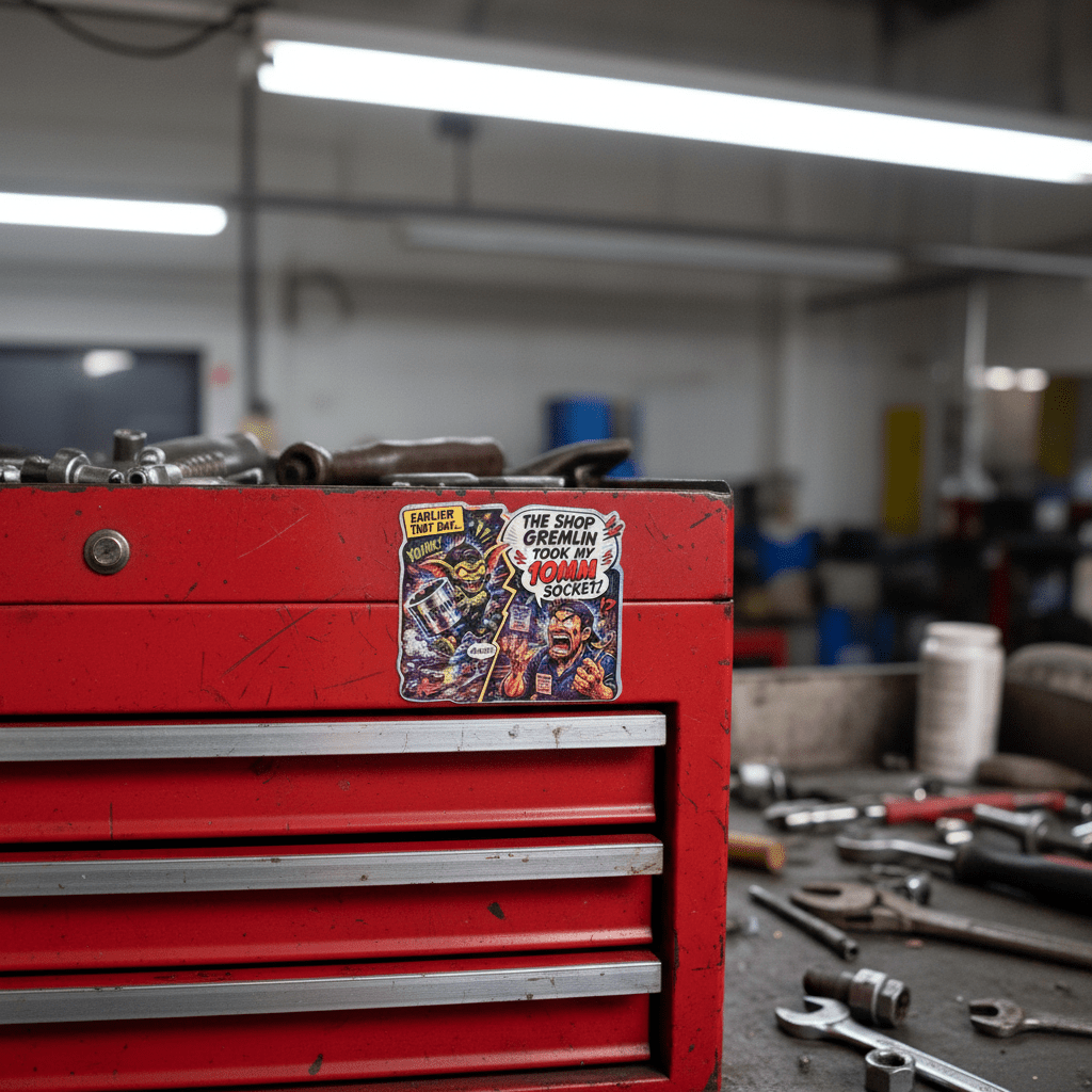 Red toolbox with a sticker in a workshop setting