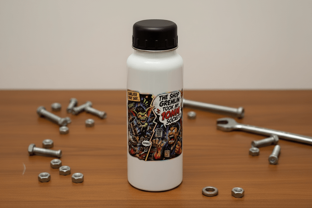 Colorful graphic design on a white card with tools and nuts on a wooden surface