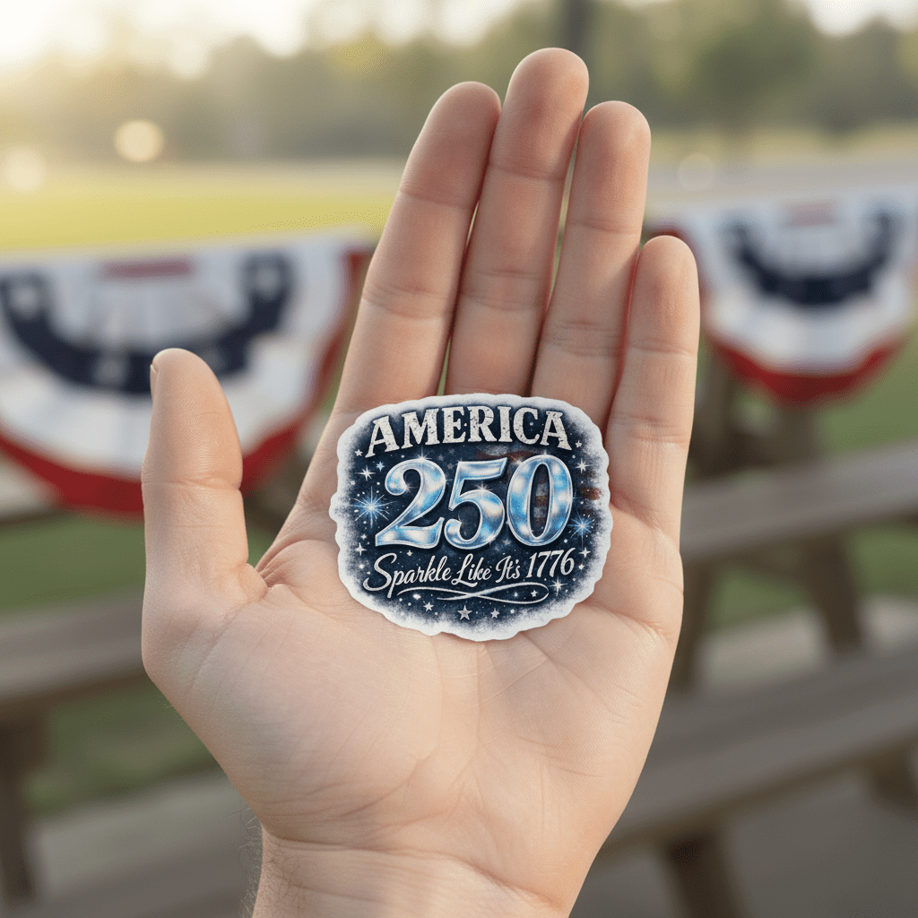 Hand holding a 'America 250' sticker with blurred patriotic background