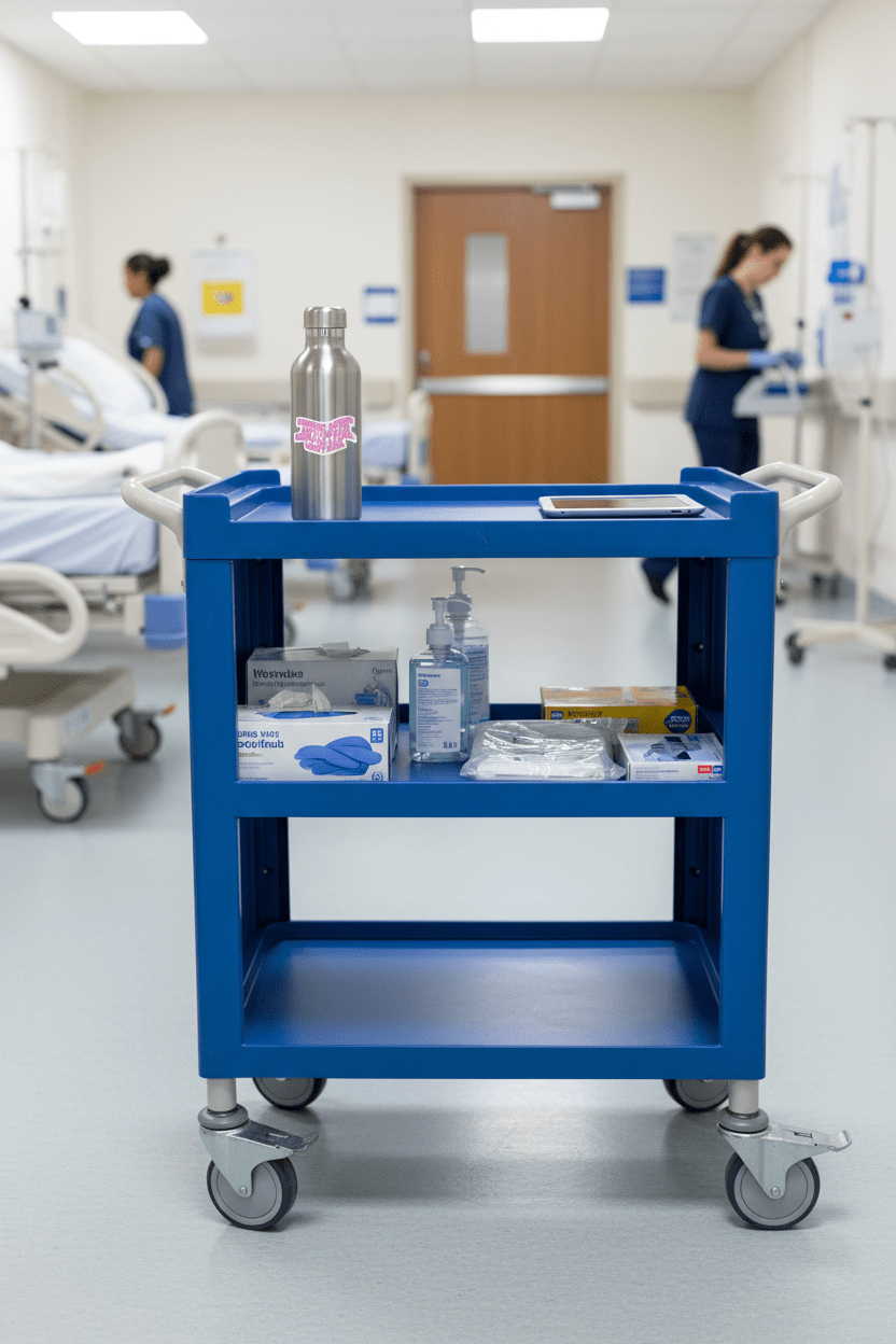 Blue medical cart with supplies in a hospital setting