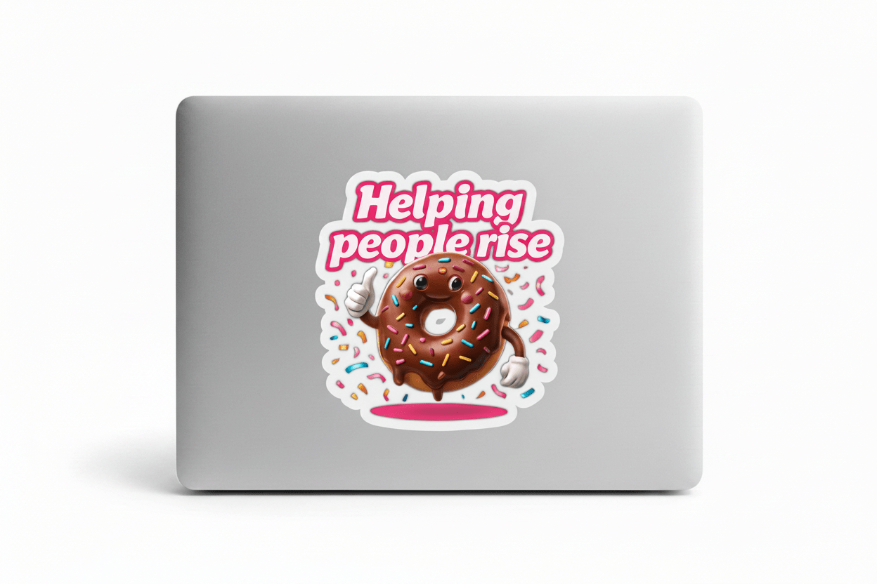 Laptop with a sticker of a donut and text 'Helping people rise' on a white background