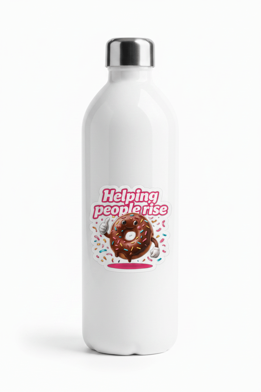 White water bottle with a donut graphic and text on a white background