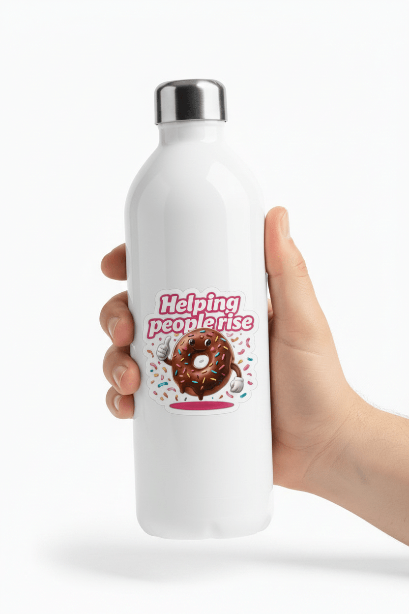 White water bottle with a donut graphic and text held by a hand on a white background