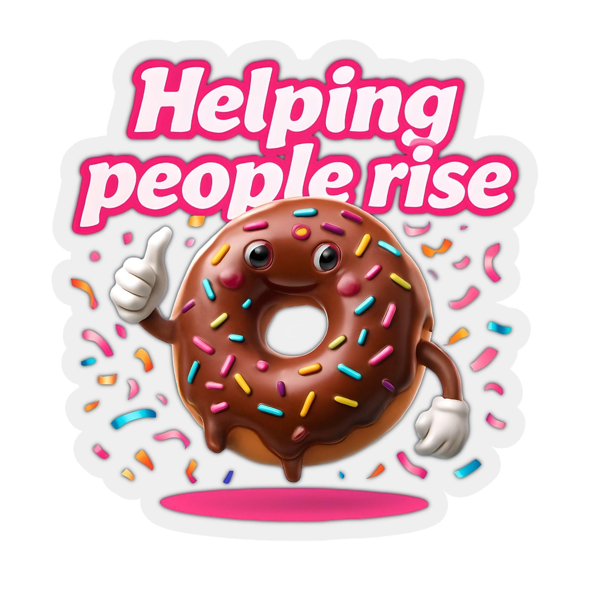 Donut character with 'Helping people rise' text on a white background